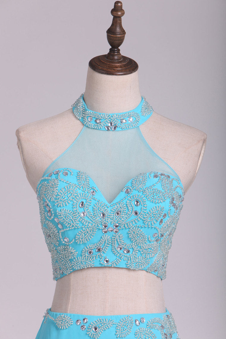 2022 Prom Dresses High Neck Chiffon Spandex With Beading Sheath