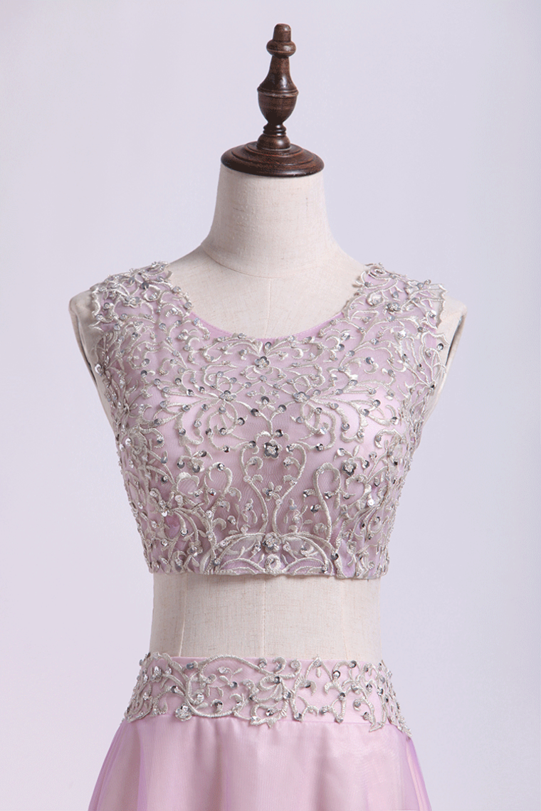 2022 Two-Piece Scoop Cocktail Dresses A-Line Tulle With Applique Knee Length