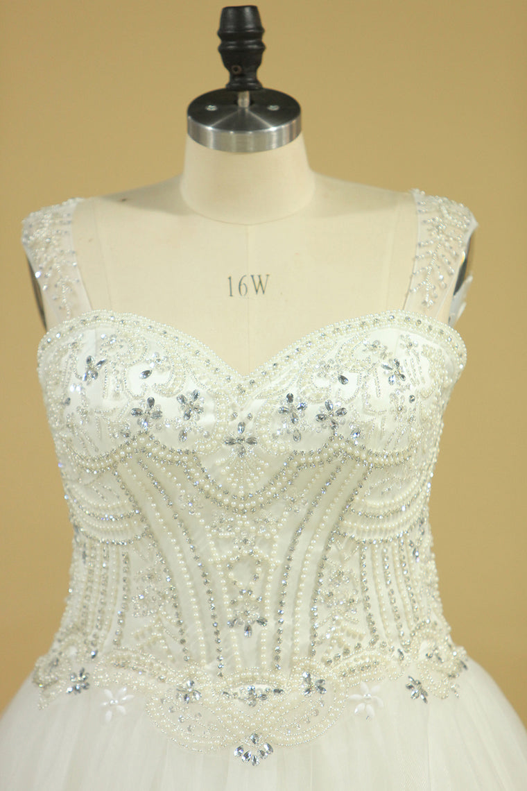 2022 Plus Size A Line Straps Wedding Dresses Tulle With Beading Chapel Train