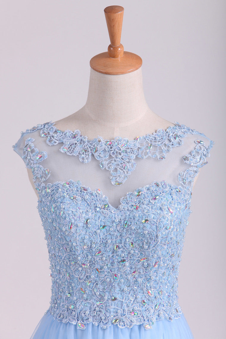 2022 Scoop A Line Prom Dress Beaded Floor Length Pick Up Tulle Skirt With Applique