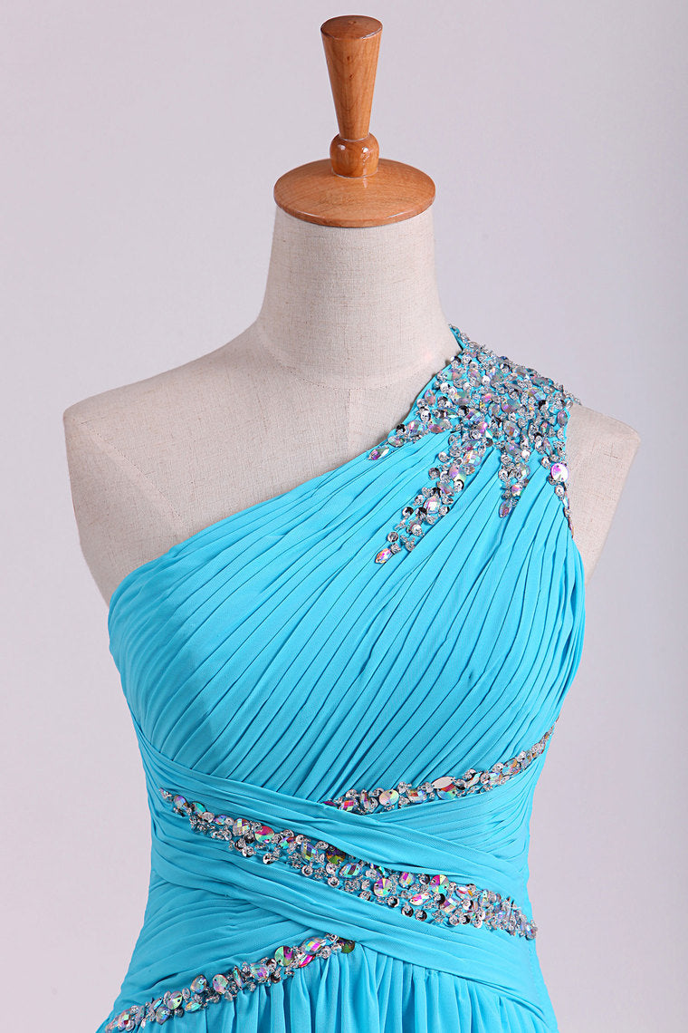 2022 One Shoulder Prom Dresses A Line Chiffon With Beads And Ruffles