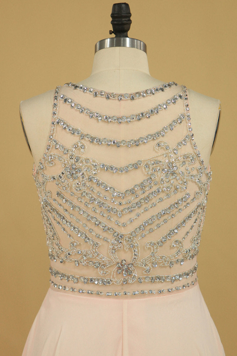 2022 Prom Dresses Scoop Beaded Bodice A Line Chiffon Floor Length