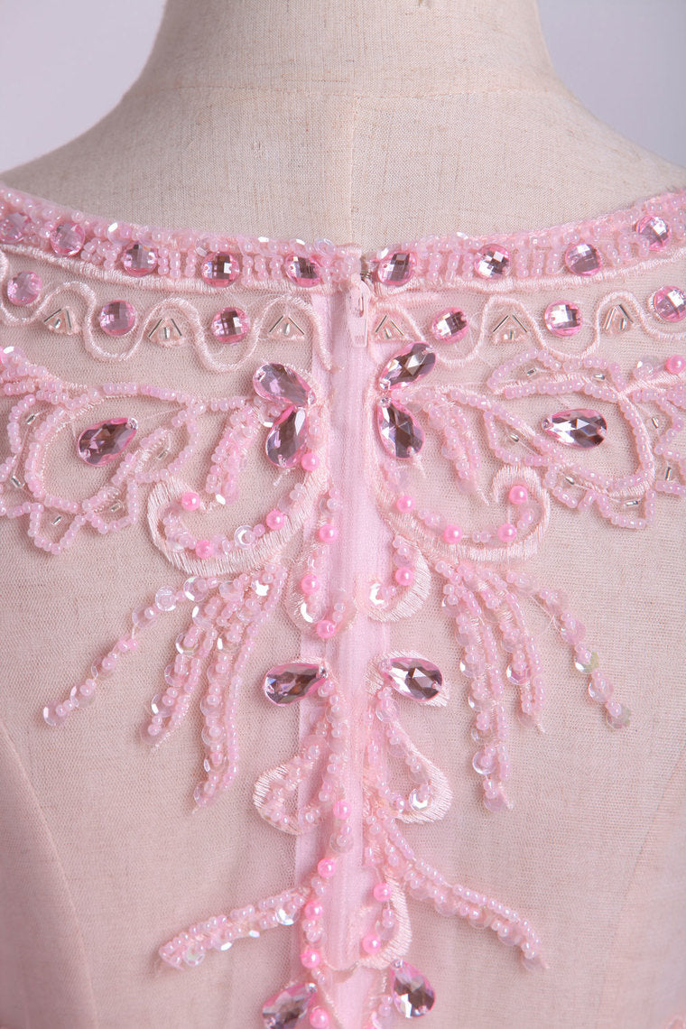 2022 Beaded Bodice Bateau Prom Dresses Chiffon Floor Length