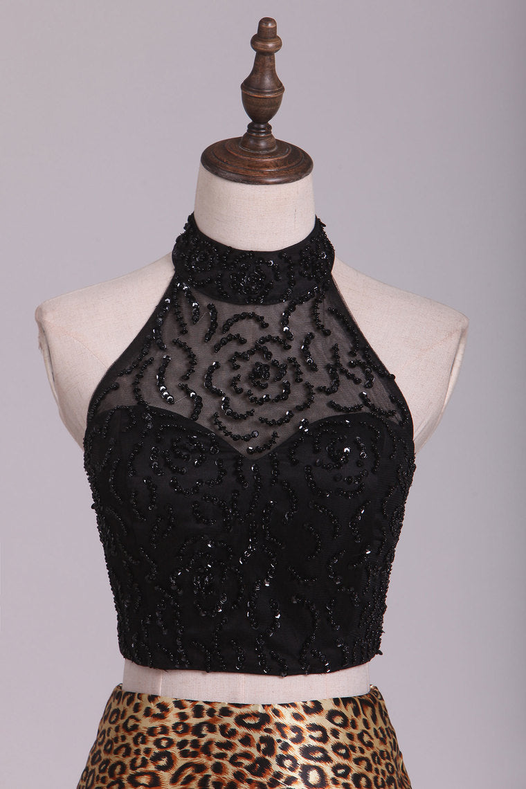 2022 Two Pieces Mermaid Prom Dresses High Neck With Beading Sweep Train