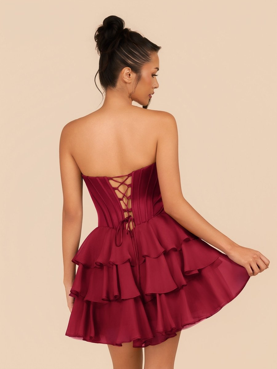 Elarae | Burgundy - Strapless A Line Ruffles Homecoming Dress With Beading