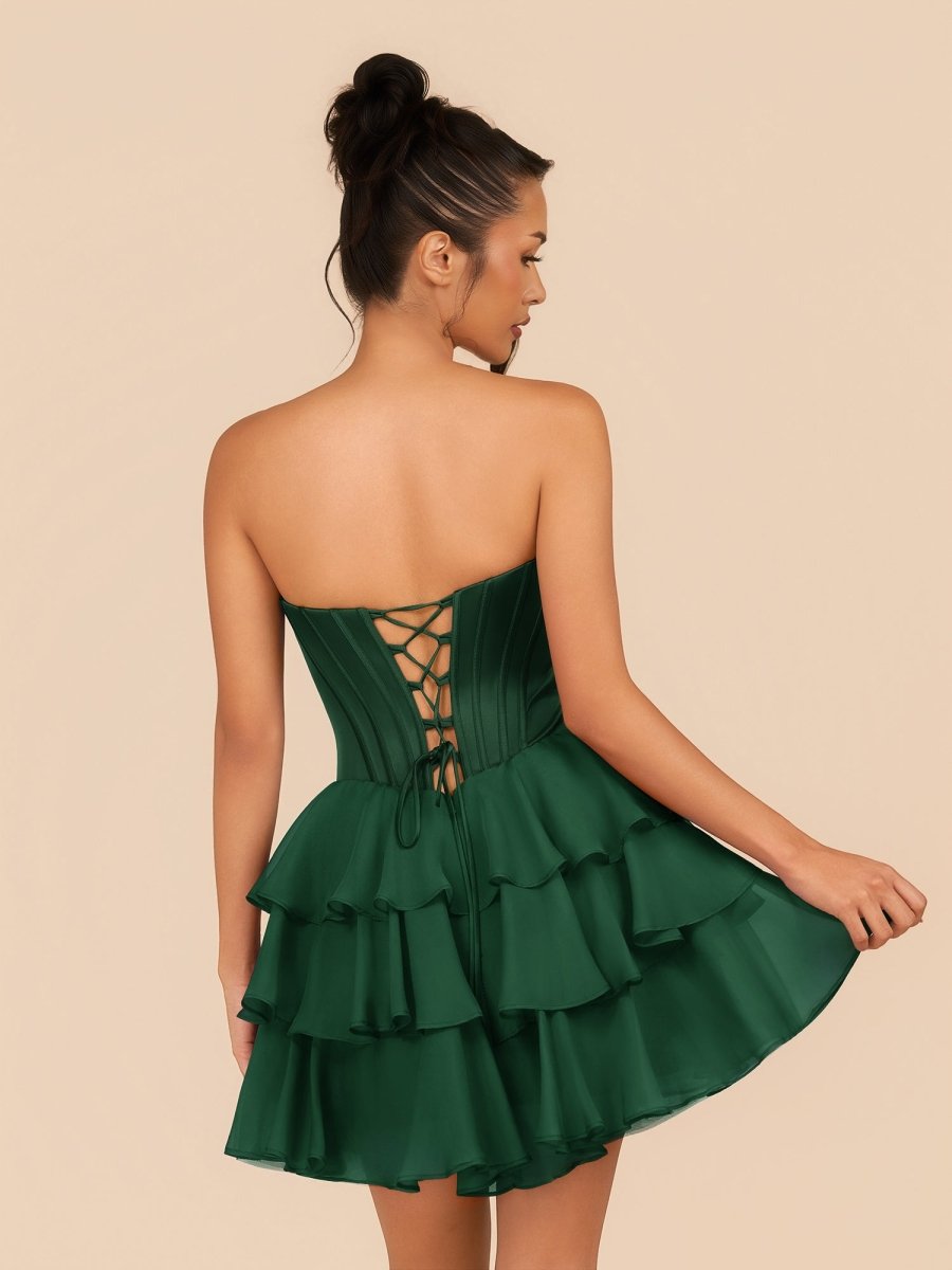 Elarae | Dark Green - Strapless A Line Ruffles Homecoming Dress With Beading