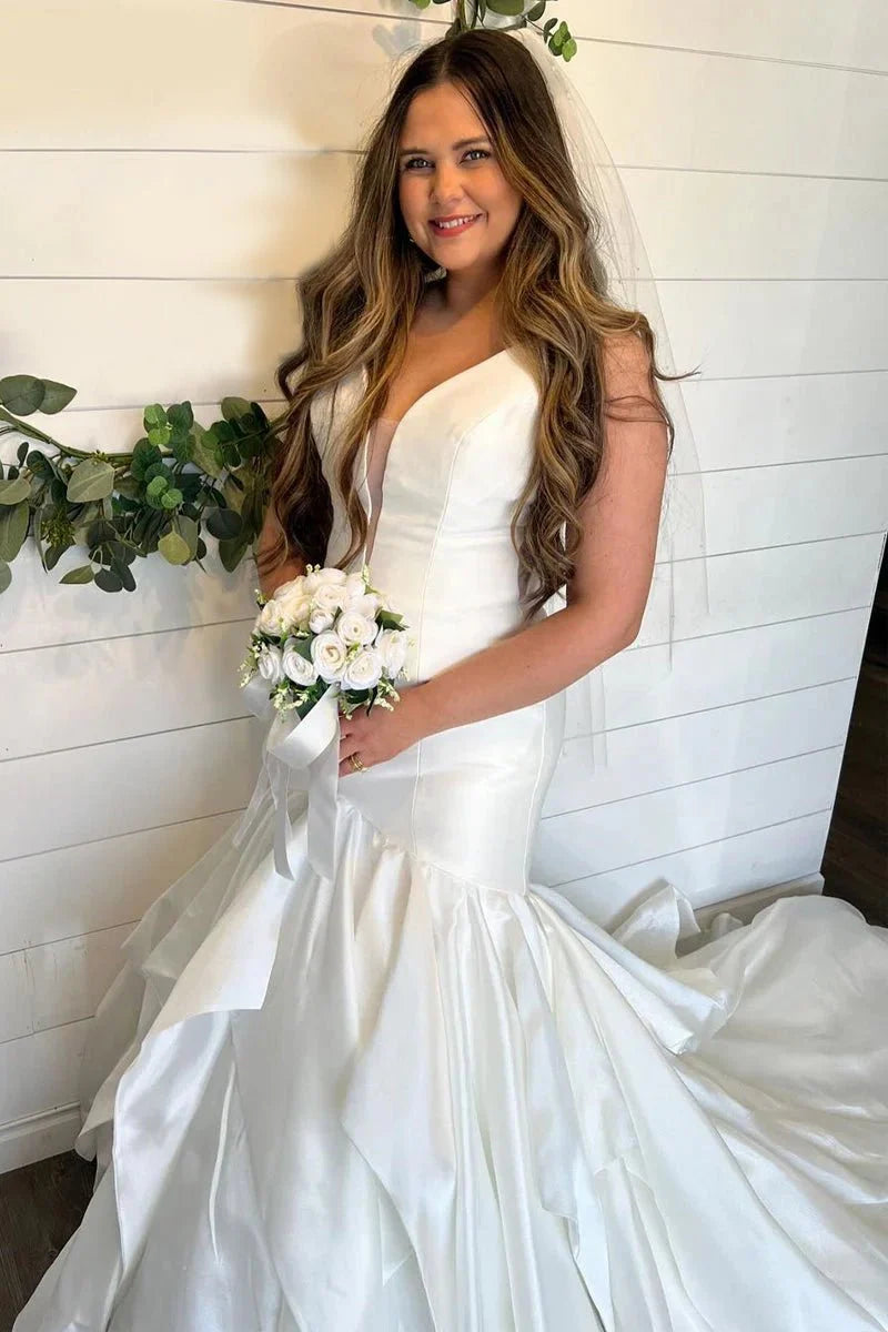 Elegant Mermaid V Neck Taffeta Wedding Dresses