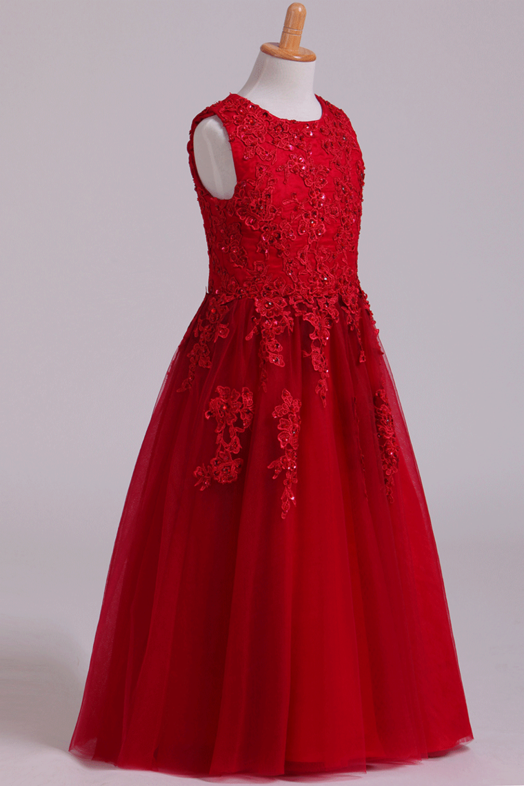 2022 Flower Girl Dresses A Line Scoop Tea Length Tulle