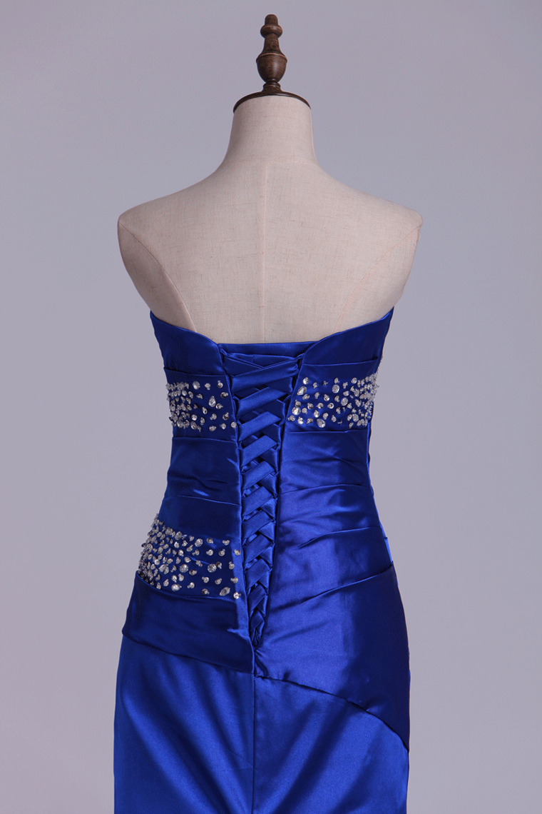 2022 Mermaid Strapless Dark Royal Blue Sweep Train Elastic Satin With Beadings Prom Dresses
