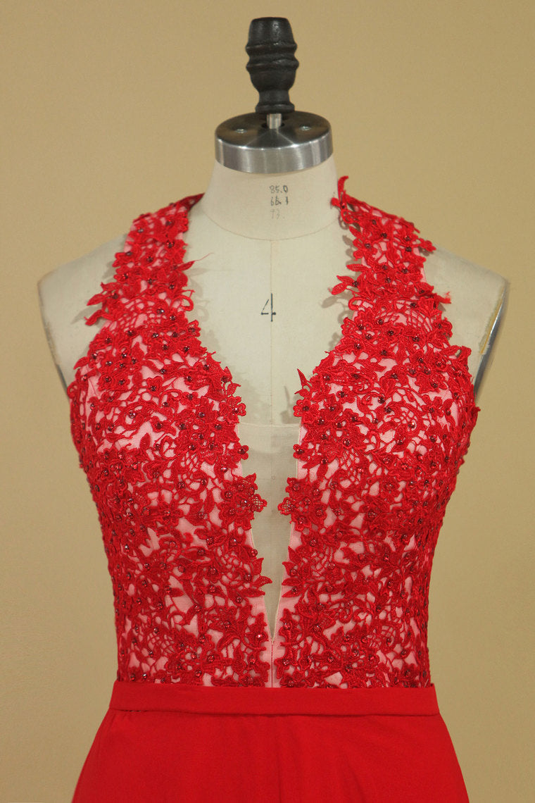 2022 New Arrival V Neck Prom Dresses A Line Chiffon With Applique And Beads Floor Length