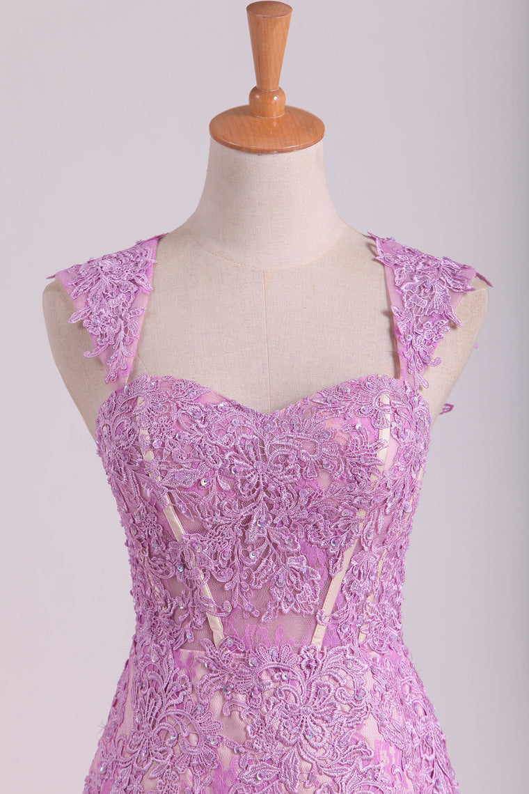 2022 See-Through Lace & Tulle Straps Prom Dresses Sheath With Beading And Applique