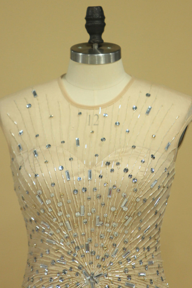 2022 Sleeveless Mermaid Prom Dresses Beaded With A Starburst Of Bugle Beads And Clear Crystals Tulle