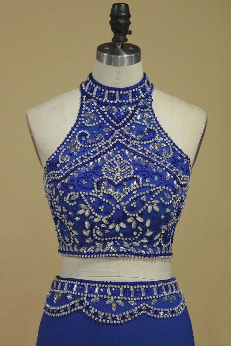 2022 Two Pieces High Neck Beaded Bodice Spandex Prom Dresses Dark Royal Blue