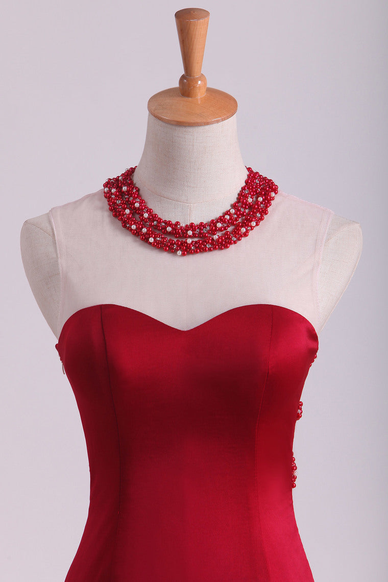 2022 Burgundy Chiffon Prom Dresses Scoop Spandex With Beading Sweep Train Mermaid