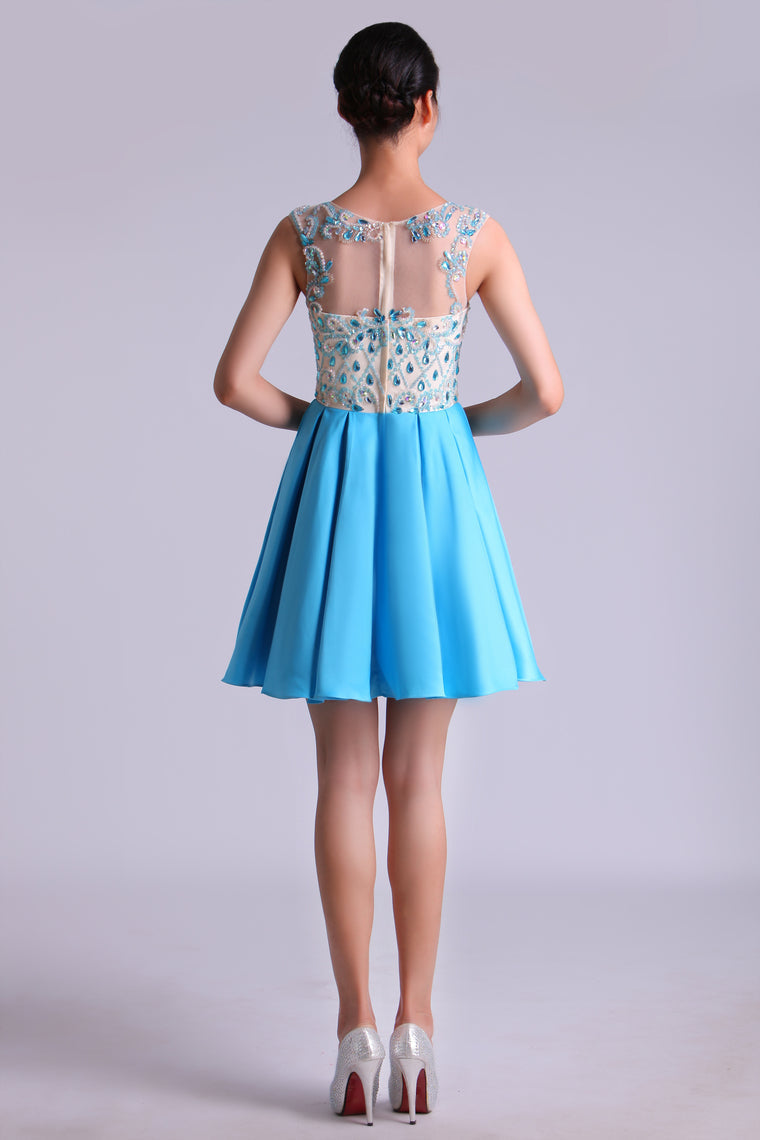 2022 Bateau A Line Homecoming Dresses Satin With Beads Mini