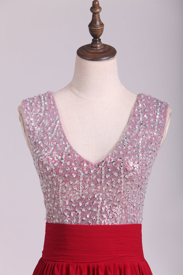 2022 V Neck A Line Sequined Bodice Prom Dresses Chiffon Floor Length