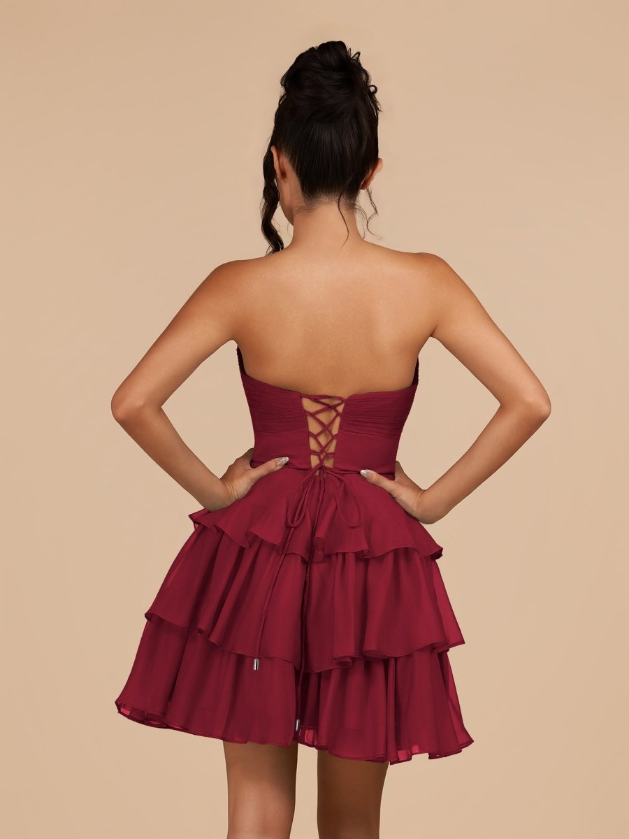 Fenara | Burgundy - Strapless A Line Chiffon Ruffles Homecoming Dresses With Flower