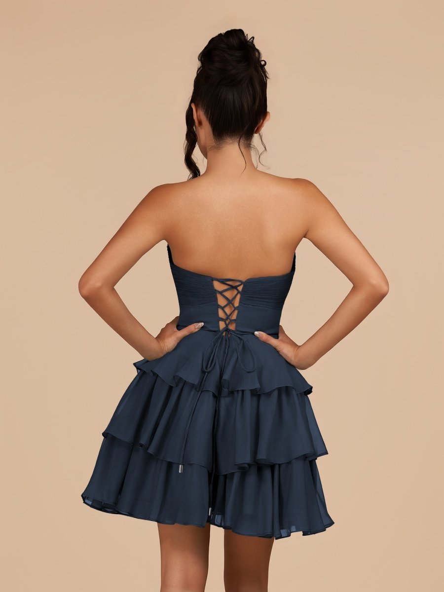 Fenara | Navy Blue - Strapless A Line Chiffon Ruffles Homecoming Dresses With Flower