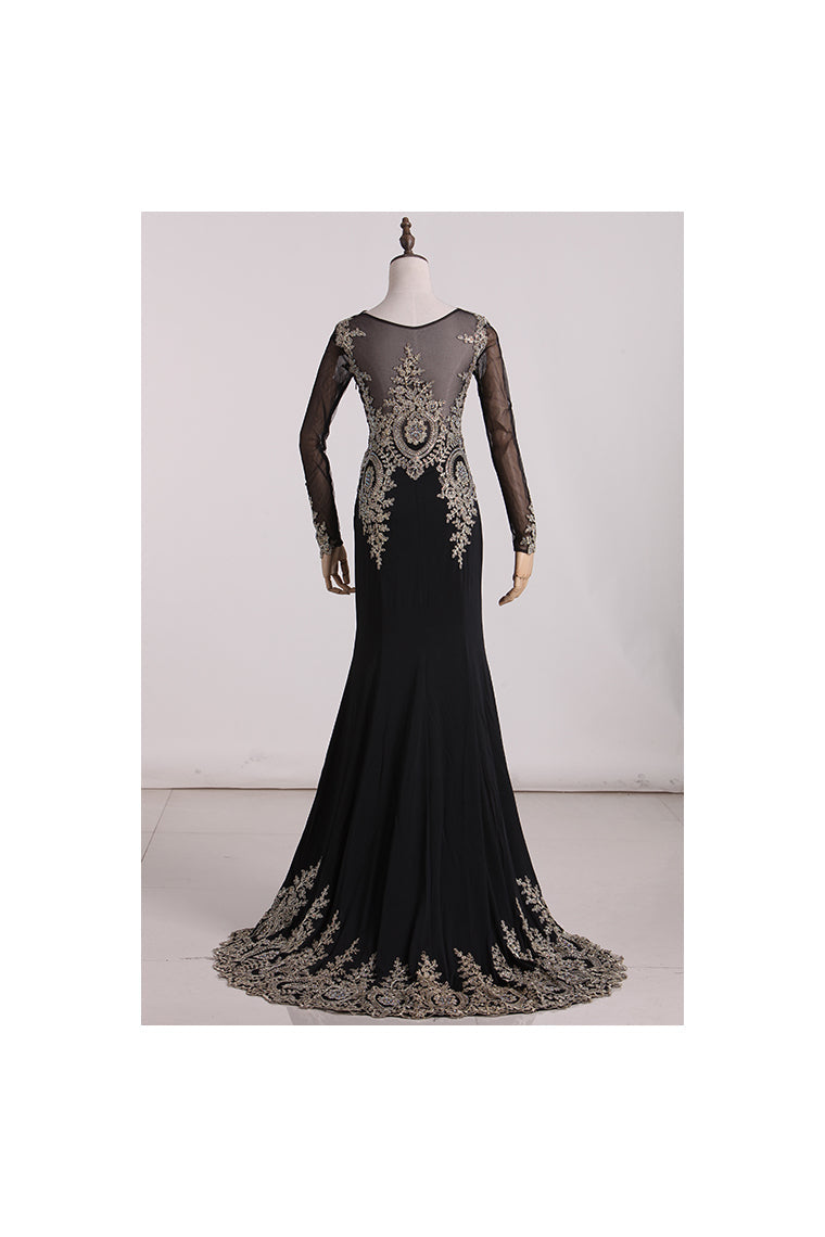 2016 Mermaid Prom Dresses/Evening Dresses Beaded Court Train Long Sleeves Scoop