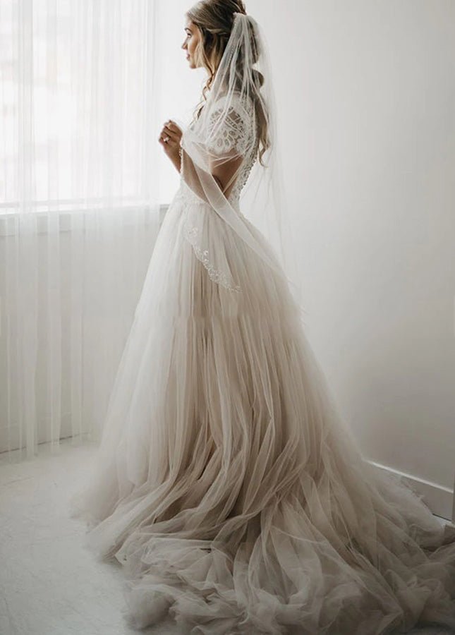 Light Champagne Tulle Lace A-Line Short Sleeves Bohemian Women Wedding Dresses