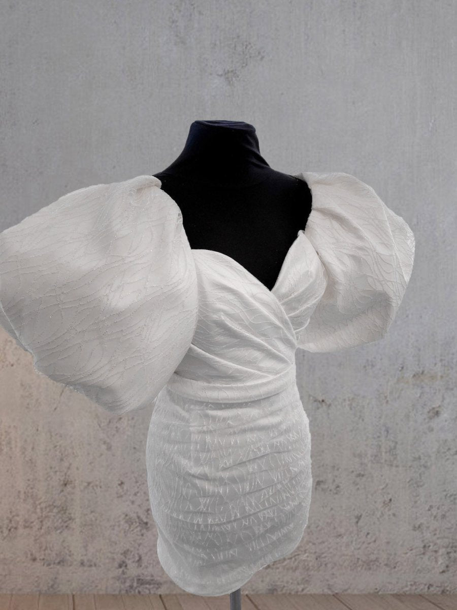 Madison | Sheath White Puff Sleeves Short V-Neck Wedding Dress