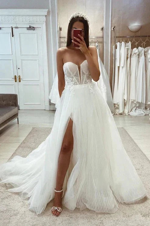 Tulle A-Line Sweetheart Detachable Long Sleeve Lace Applique With Side Slit Wedding Dress