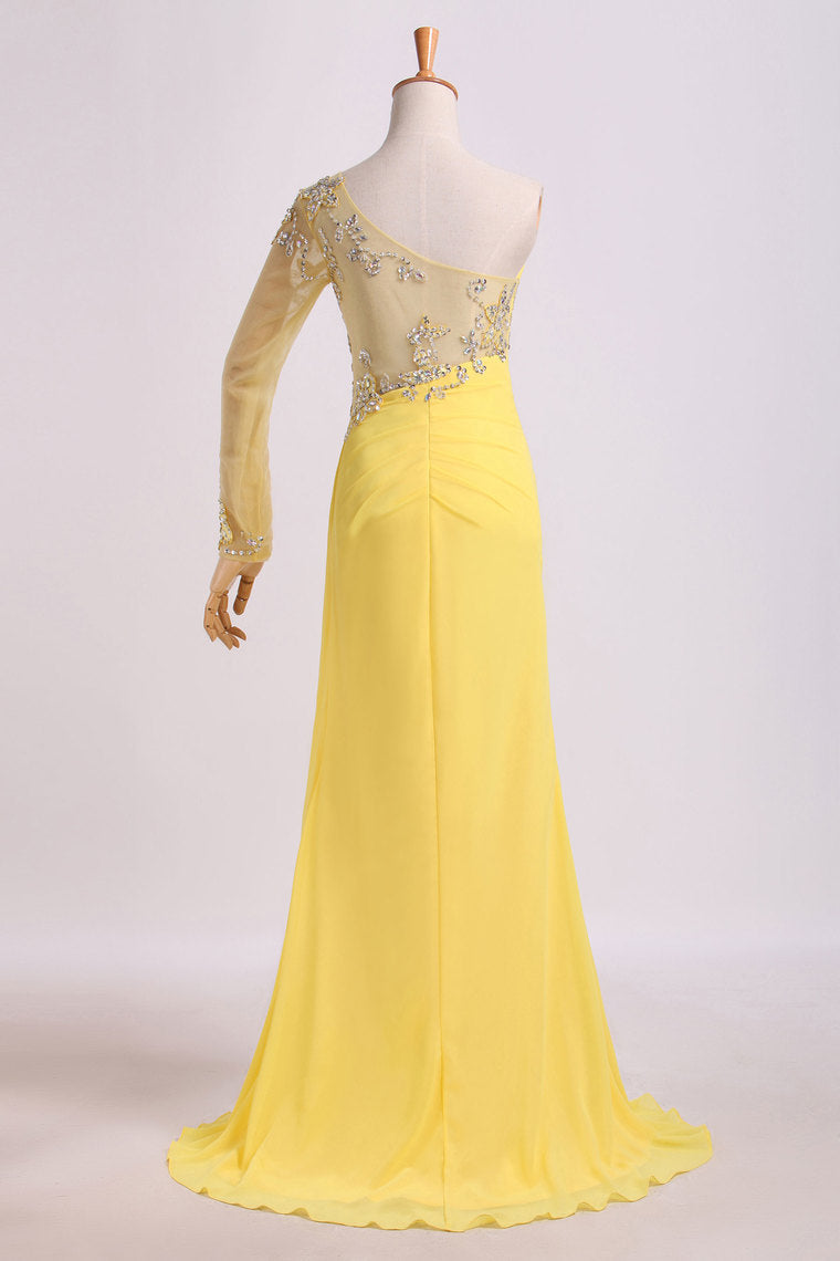 2022 One Sleeve Column Floor Length Prom Dress With Beading