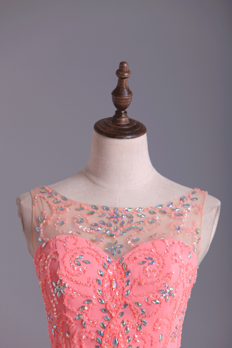 2022 Bateau A-Line Chiffon Prom Dresses With Ribbon Sweep Train