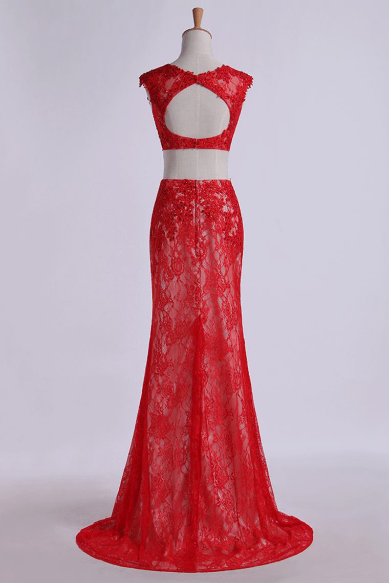 2022 Two Pieces Bateau Mermaid Prom Dresses Floor Length Lace With Applique