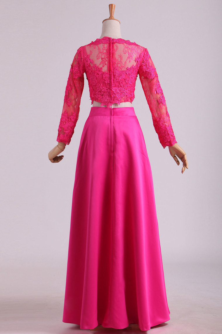 2022 Two-Piece Bateau Long Sleeves A Line Prom Dresses Satin