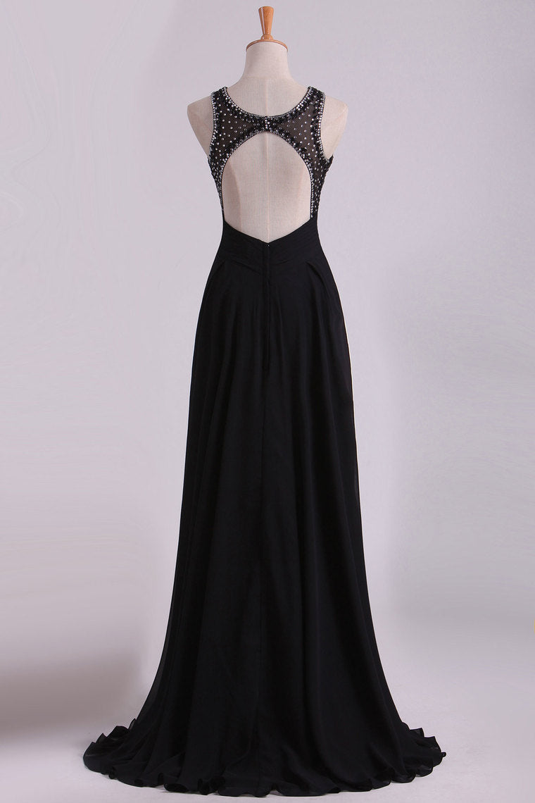 2022 Black Open Back Prom Dresses Scoop A Line Chiffon With Beading