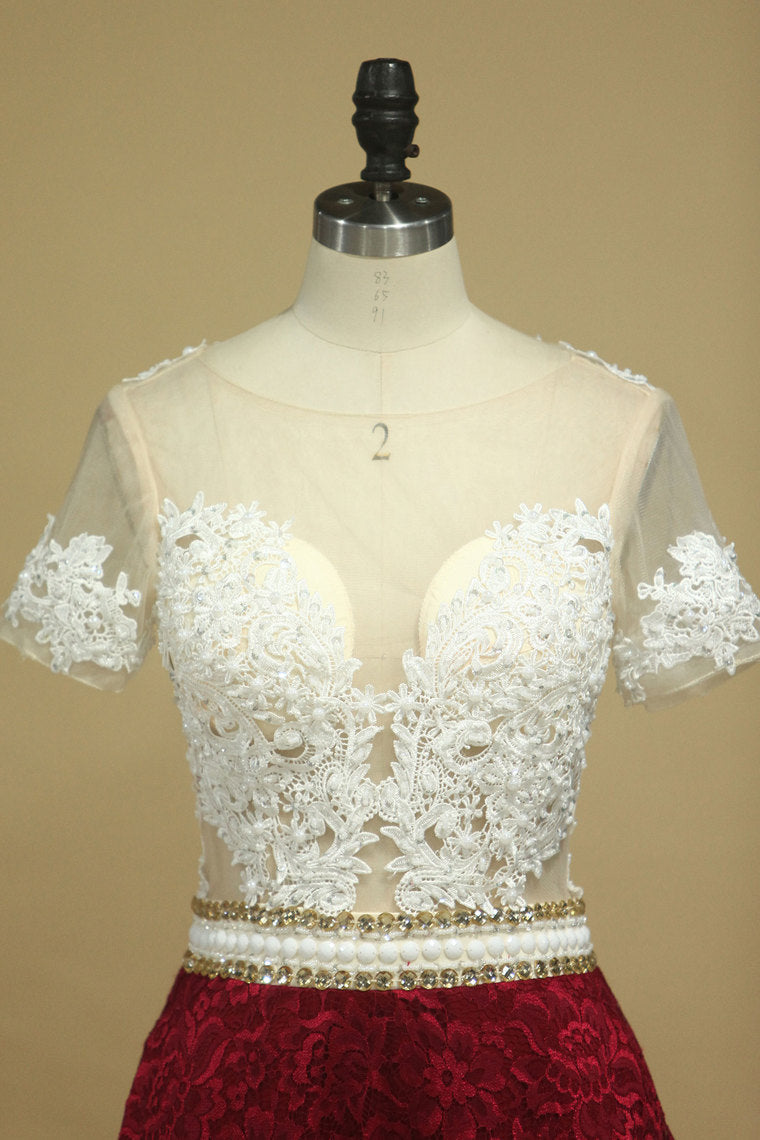 2022 Prom Dresses V Neck Short Sleeves Lace With Applique Sweep Train A Line