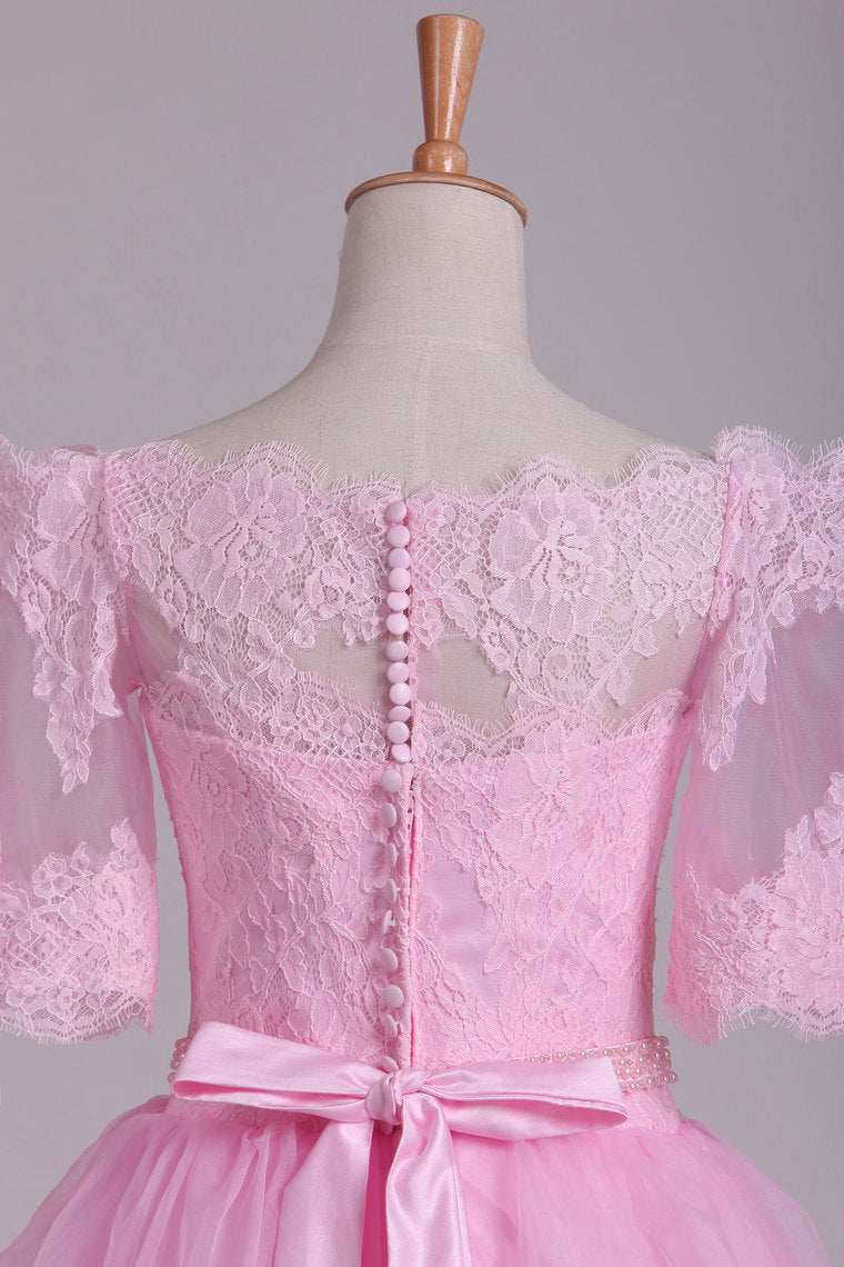 2022 Wedding Dresses Boat Neck Half Sleeves Floor Length Organza & Lace With Applique