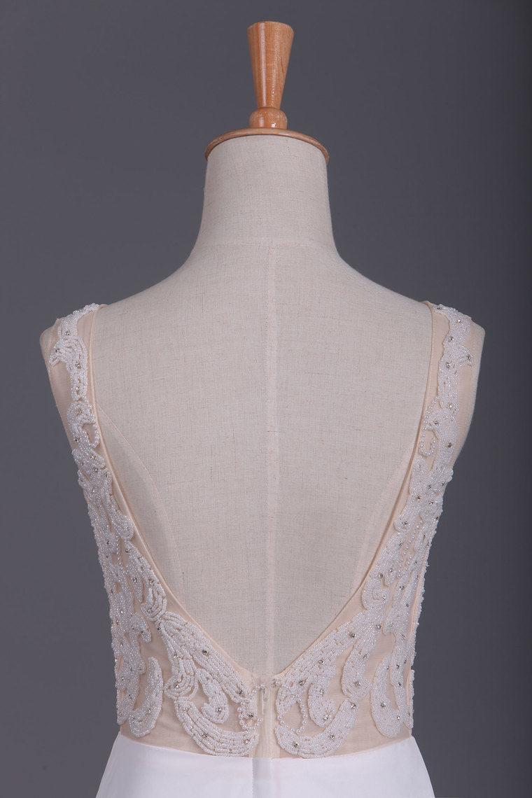 2022 Scoop Beaded Bodice Prom Dresses A Line With Beading White