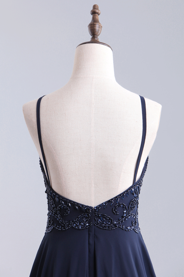 2022 Spaghetti Straps Prom Dresses Beaded Bodice A-Line Chiffon