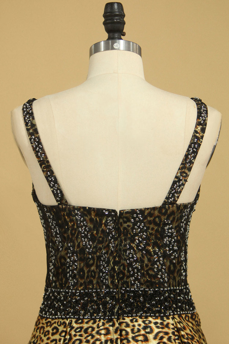 2022 Animal Print V Neck Beaded Bodice A Line Prom Dresses