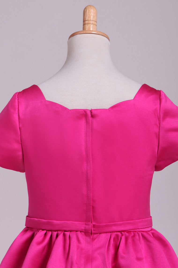 2022 Bateau A Line Flower Girl Dresses Short Sleeves With Applique And Ribbon