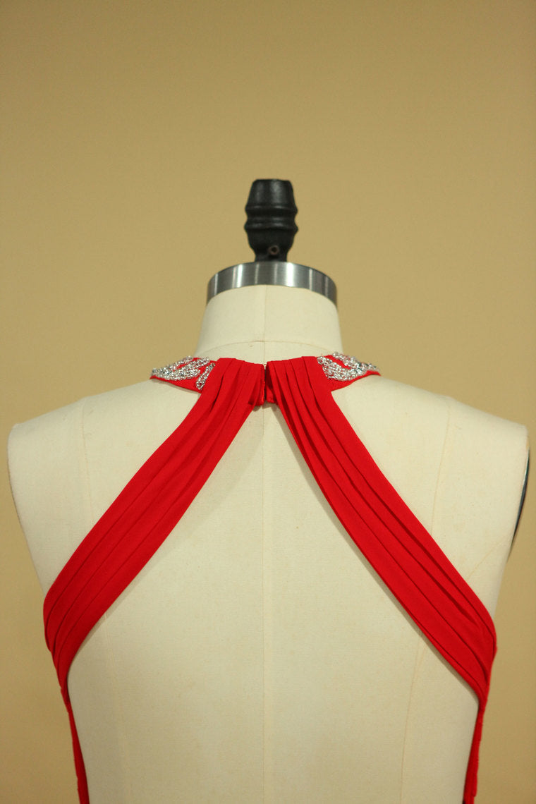 2022 Red Plus Size Scoop Prom Dresses Floor Length Spandex With Beading And Ruffles