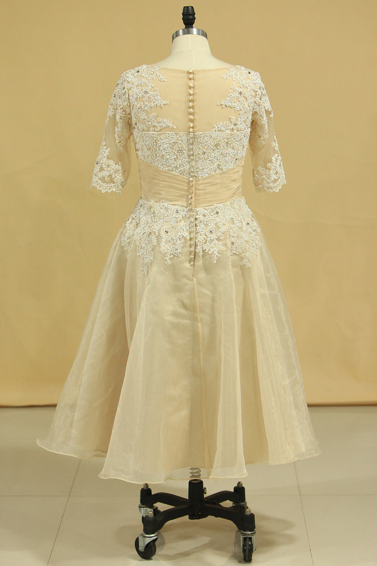 2022 Wedding Dresses A Line V Neck Half Sleeves Plus Size With Applique & Beads Organza