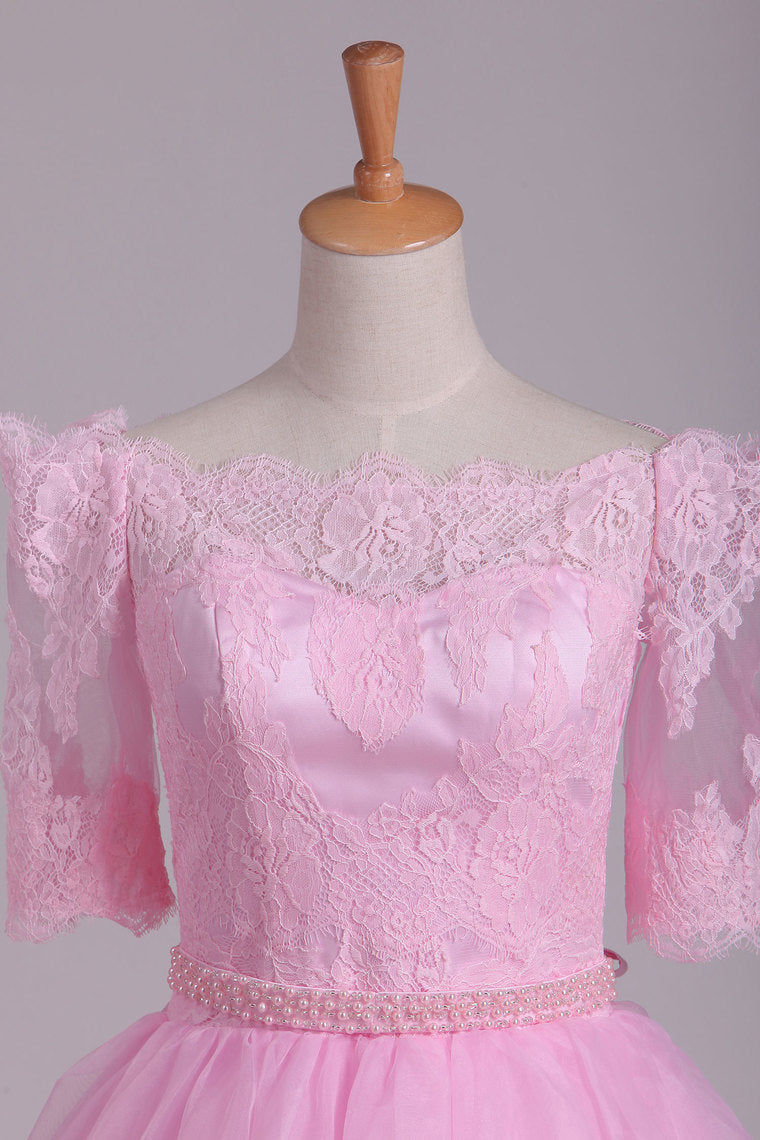 2022 Wedding Dresses Boat Neck Half Sleeves Floor Length Organza & Lace With Applique