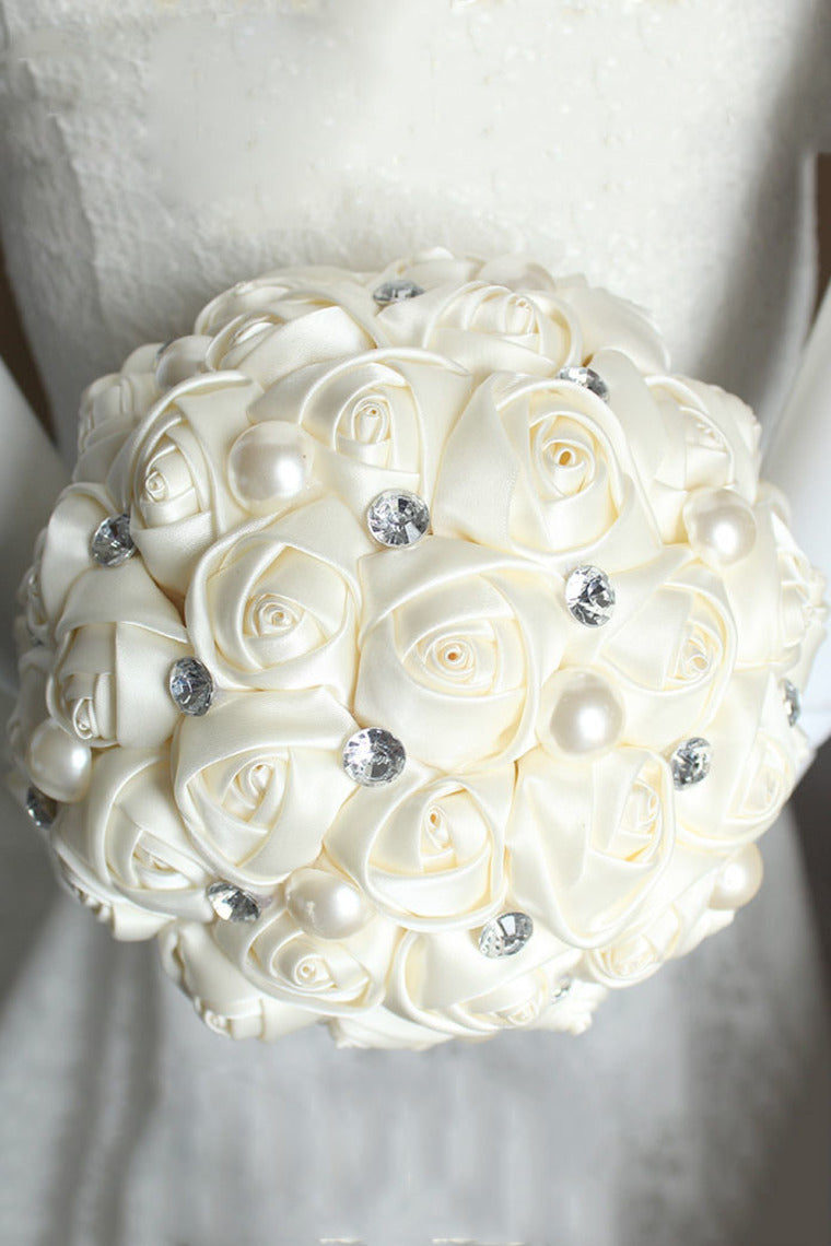 Satin Rose Flower Wedding Bouquet Round Shape With Rhinestone (28.5*15cm)