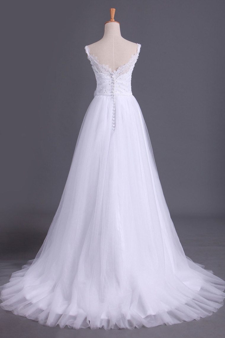 2022 Straps A Line Wedding Dress Court Train Tulle With Applique & Handmade Flower
