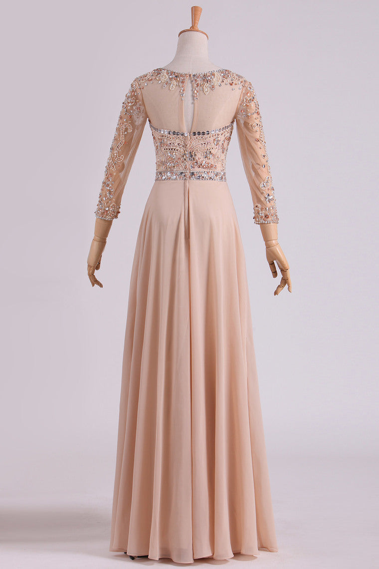 2022 Prom Dresses Scoop 3/4 Length Sleeve A Line Chiffon With Beads