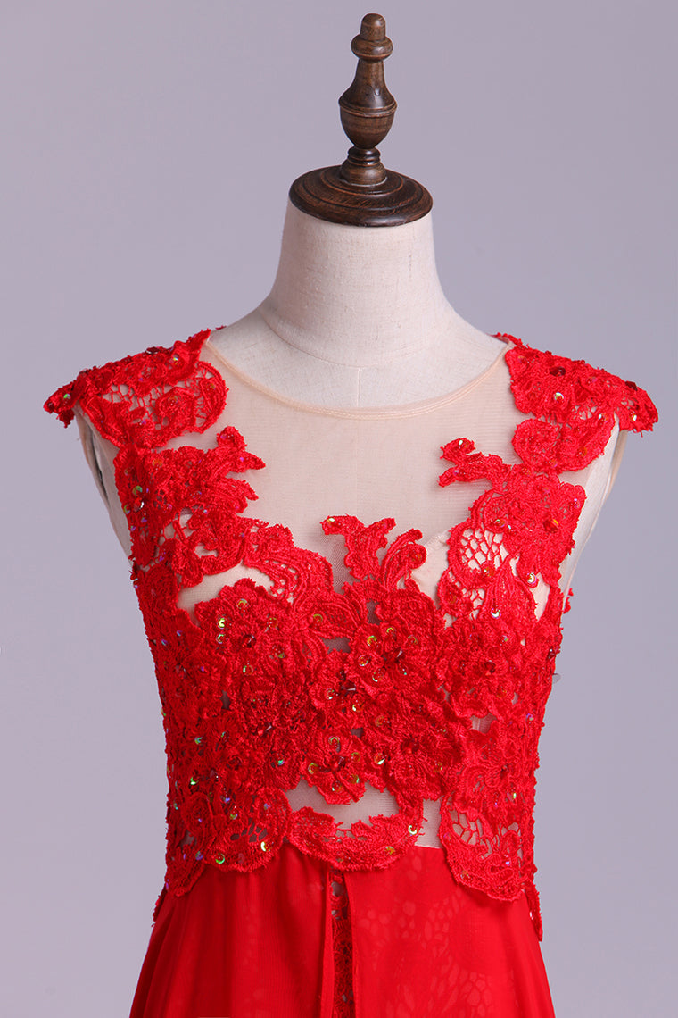 2022 Scoop Neckline Embellished Bodice With Beadeds&Applique Long Chiffon Prom Dress