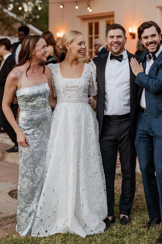 A-Line Square Neck Vintage Lace Wedding Dresses