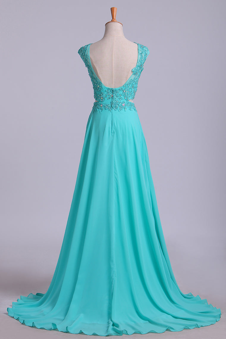 2022 Two Pieces Bateau Backless Prom Dresses A Line Chiffon Sweep Train With Slit