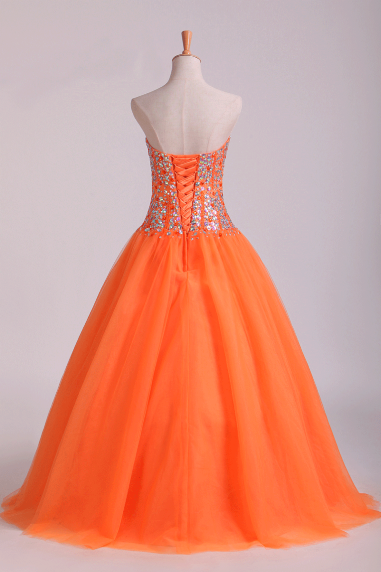 2022 Quinceanera Dresses Ball Gown Sweetheart Beaded Bodice Floor Length Tulle