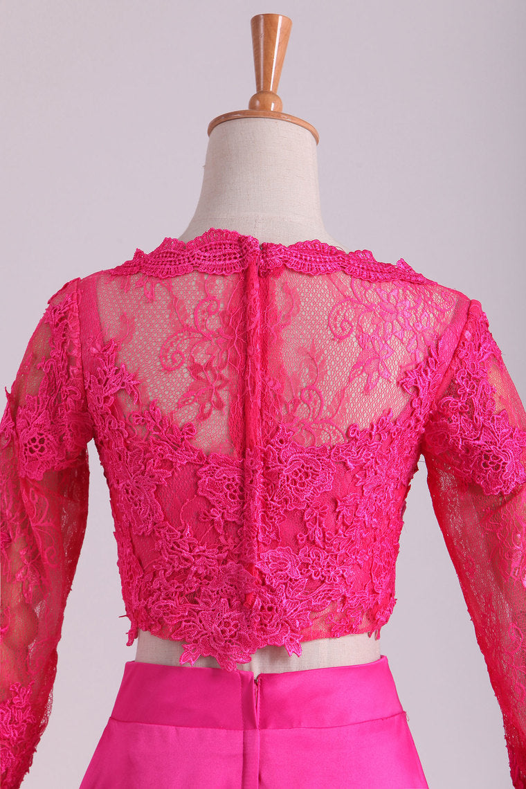 2022 Two-Piece Bateau Long Sleeves A Line Prom Dresses Satin