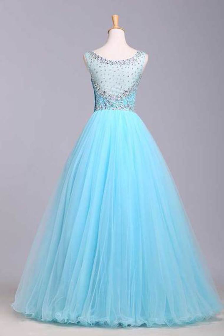 2022 Bateau Beaded Bodice A Line/Princess Prom Dress With Tulle Skirt Open Back