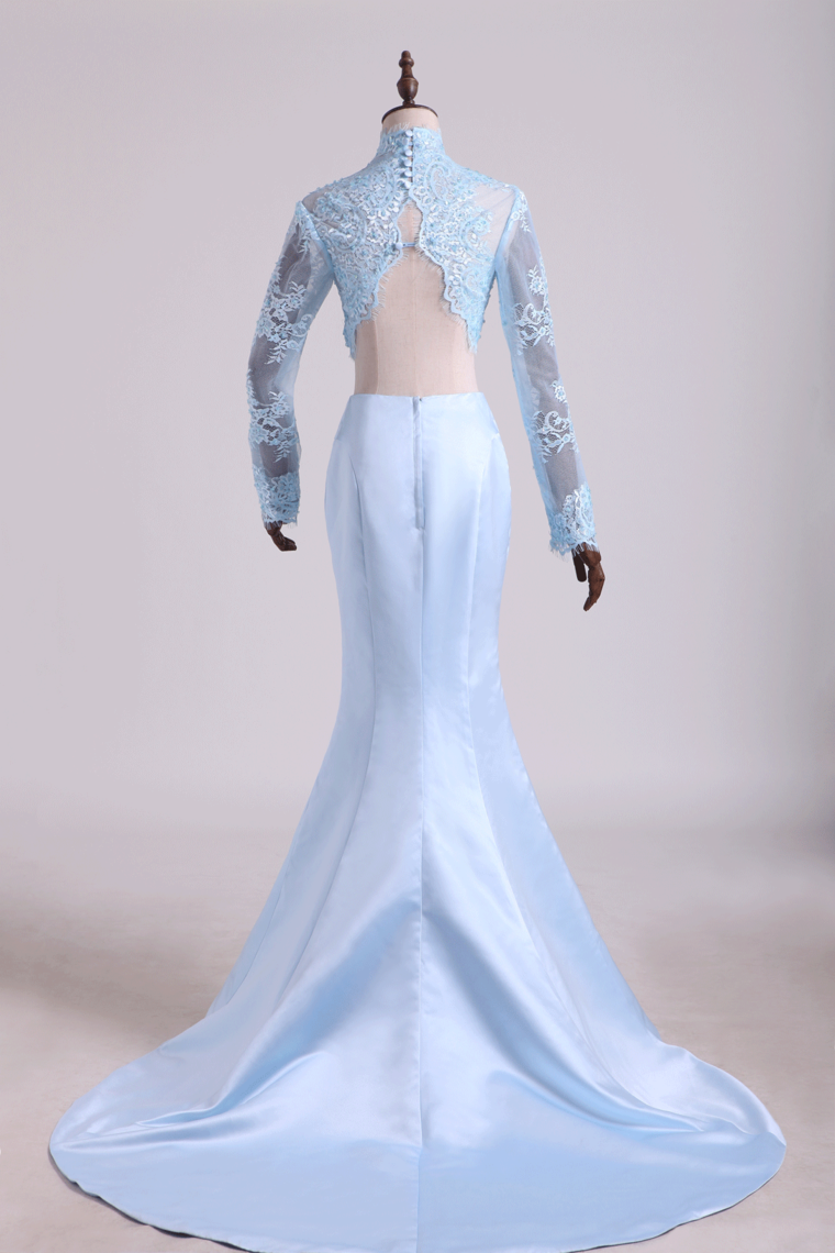 2022 Two Pieces Prom Dresses Mermaid Spandex & Tulle With Applique Light Sky Blue